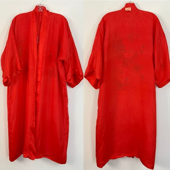Vintage 50s - 60s Silk Layered Red Embroidered Kimono Robe Sz M - Picture 11 of 16